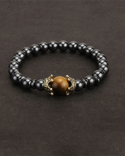 Natural Stone men's Bracelet, Vintage Crown Symbolic Power Hematite Ore Beaded Bracelet