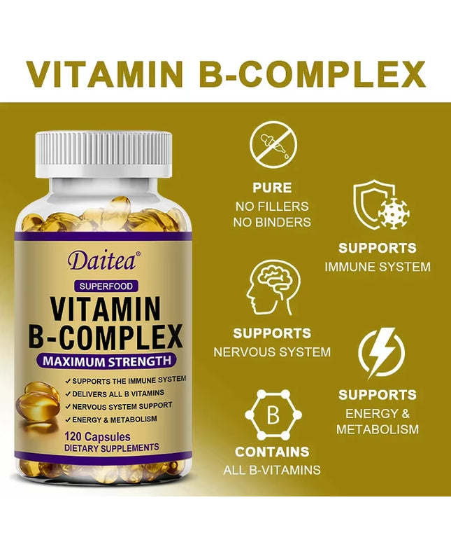 120 capsules Vitamin B-Complex Supplement B12 B1 B2 B3 B5 B6 B9 Biotin for Nervous System, Metabolism, Immune and Energy Support, Super Diet