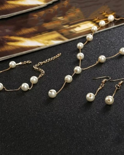 4Pcs women's elegant pearl imitation full jewelry set , Gold-Color Necklace, Earring ,Bracelet 