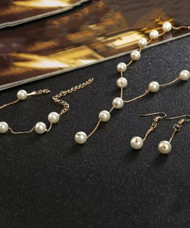 4Pcs women's elegant pearl imitation full jewelry set , Gold-Color Necklace, Earring ,Bracelet 
