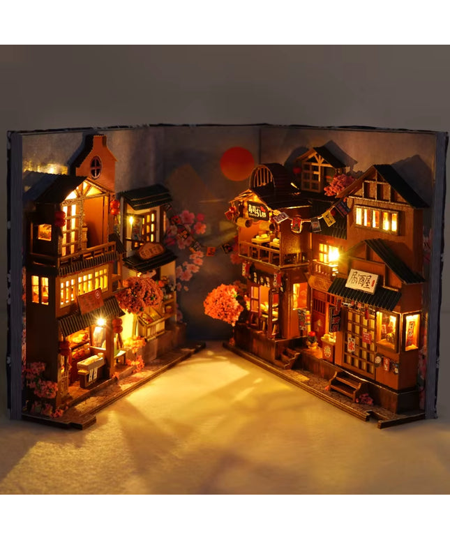 DIY book nook kit , bookshelf small ally way decoration with lights