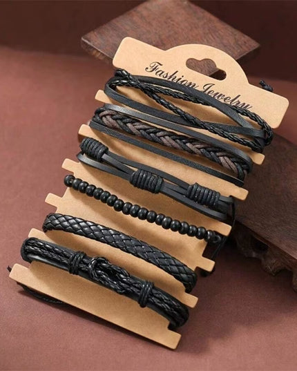 Set of 6pcs adjustable Men's simple handmade black Leather Street Style Twist Bracelet