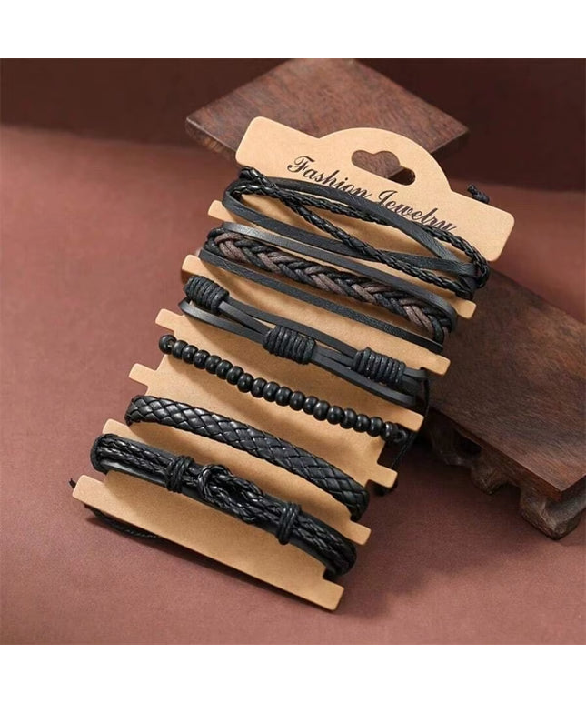 Set of 6pcs adjustable Men's simple handmade black Leather Street Style Twist Bracelet