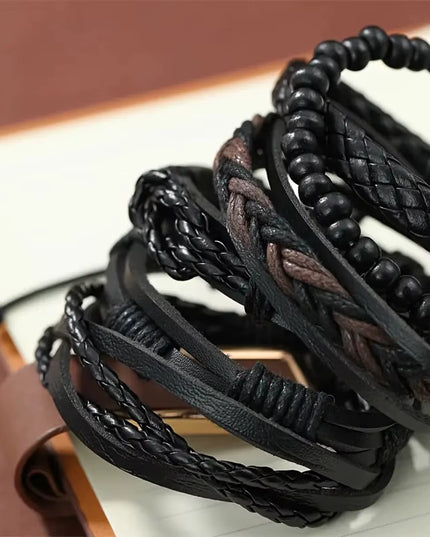 Set of 6pcs adjustable Men's simple handmade black Leather Street Style Twist Bracelet