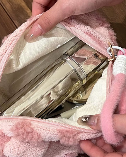 Pink Plush Makeup Bag with Soft Handle, Travel Cosmetic pouch