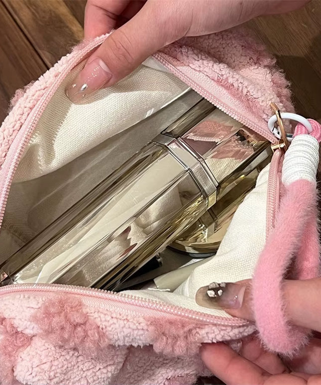 Pink Plush Makeup Bag with Soft Handle, Travel Cosmetic pouch