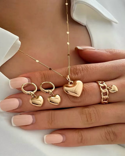 4Pcs/Set simple gold color Vintage Love Heart set Pendant Necklace / Ring / Earring