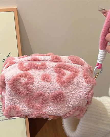 Pink Plush Makeup Bag with Soft Handle, Travel Cosmetic pouch