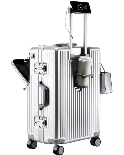 27 inch Strong Aluminium Frame luggage, Front Opening section, with USB and Cup Holder