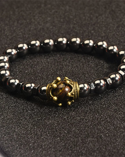 Natural Stone men's Bracelet, Vintage Crown Symbolic Power Hematite Ore Beaded Bracelet
