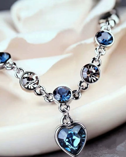 Women Silver & Blue Crystal Heart lucky Charm Bracelet 