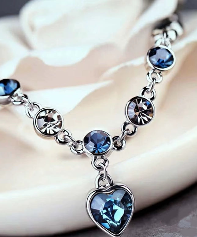 Women Silver & Blue Crystal Heart lucky Charm Bracelet 