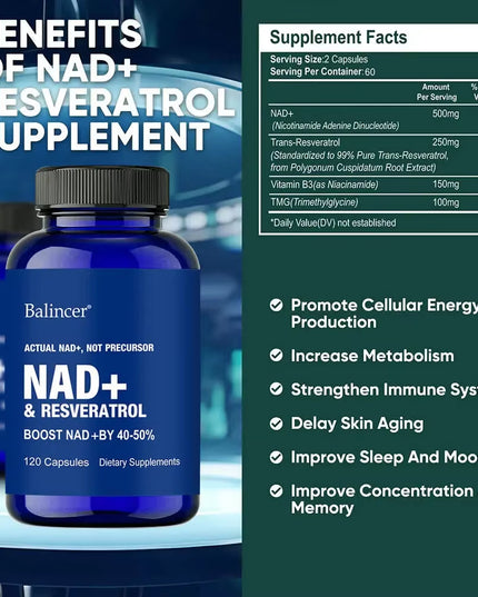120 capsules NAD+ Supplements with Resveratrol + Vitamin B3, Boost Supplement - Supports Cellular Health