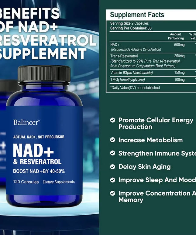 120 capsules NAD+ Supplements with Resveratrol + Vitamin B3, Boost Supplement - Supports Cellular Health