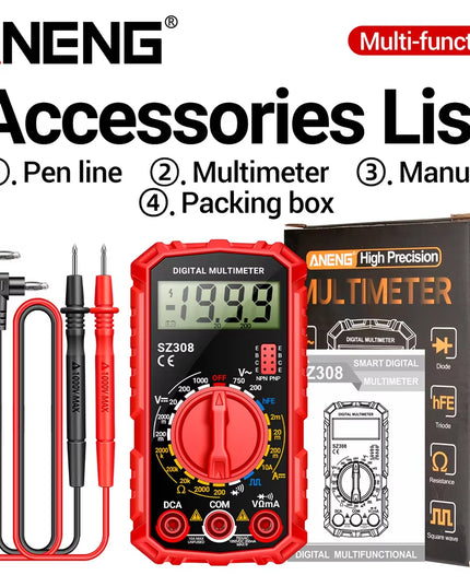 SZ308 Digital Multimeter AC/DC Current Voltage Meter, LCD Backlight Ohm Square Wave Test
