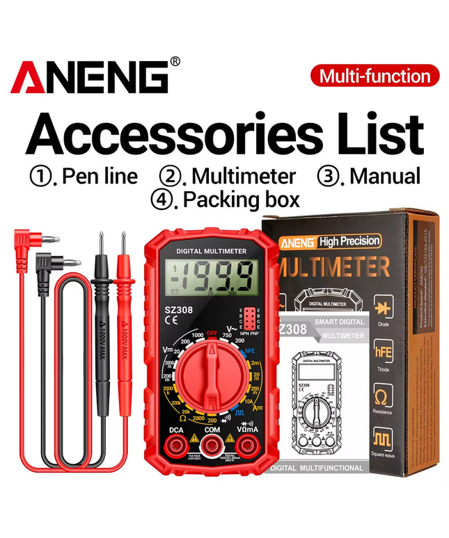 SZ308 Digital Multimeter AC/DC Current Voltage Meter, LCD Backlight Ohm Square Wave Test