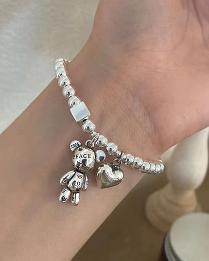 Aesthetic 925 Sterling Silver unisex beads with heart and bear Bracelet