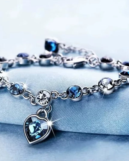 Women Silver & Blue Crystal Heart lucky Charm Bracelet 