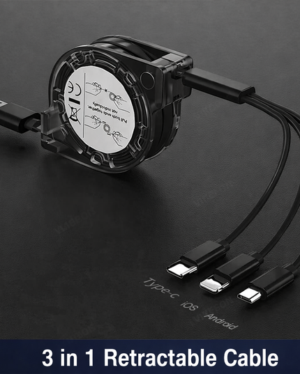 3-In-1 Retractable USB Fast Charging Cable for IOS , Type-C and Android 