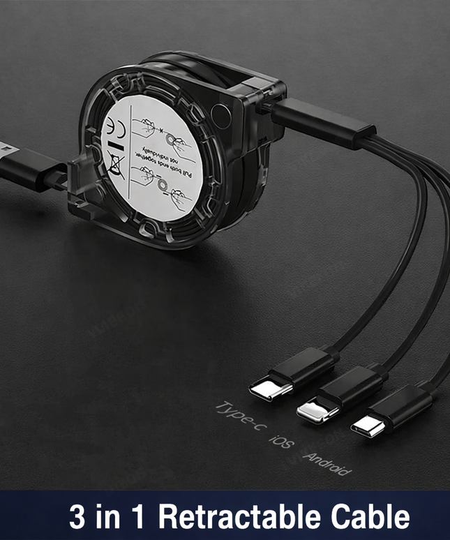 3-In-1 Retractable USB Fast Charging Cable for IOS , Type-C and Android 