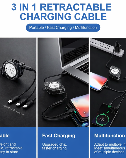 3-In-1 Retractable USB Fast Charging Cable for IOS , Type-C and Android 
