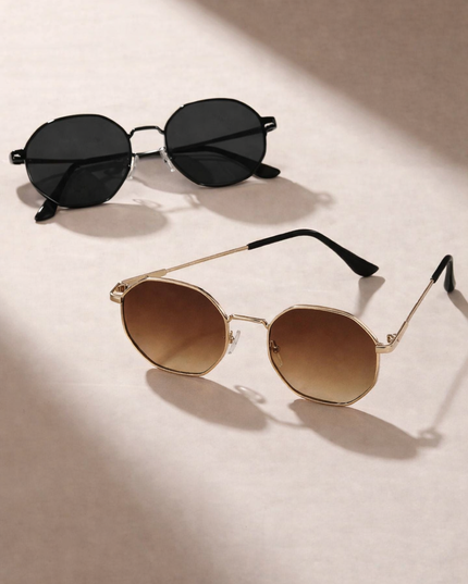 2Pcs Men's sunglasses set , black and gold Metal Geometric & Round Frame Classical Sunglasses 