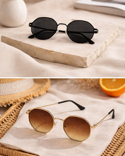 2Pcs Men's sunglasses set , black and gold Metal Geometric & Round Frame Classical Sunglasses 