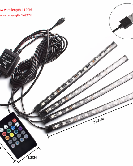Universal Car USB color control RGB Ambient LED Strip light for Interior with remote