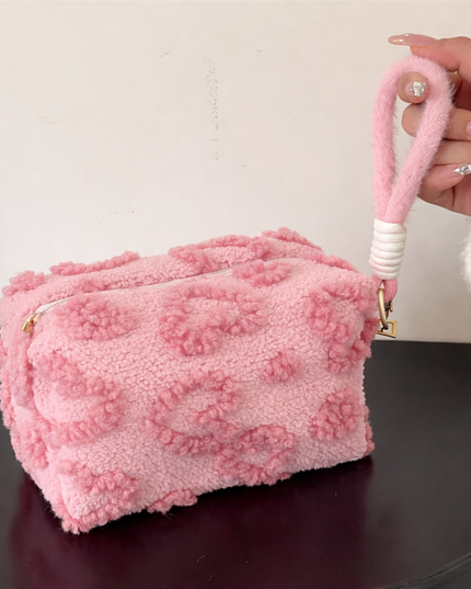 Pink Plush Makeup Bag with Soft Handle, Travel Cosmetic pouch
