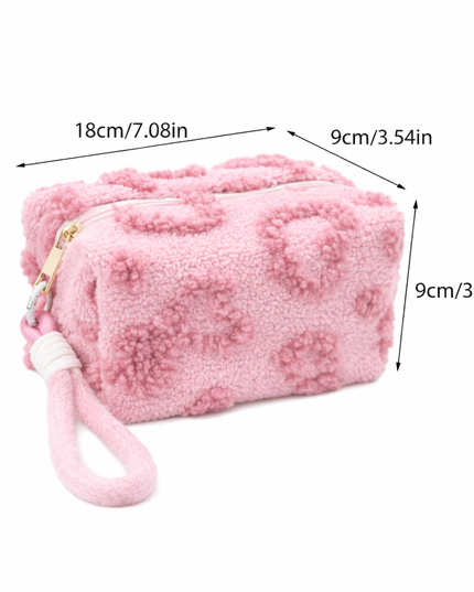 Pink Plush Makeup Bag with Soft Handle, Travel Cosmetic pouch