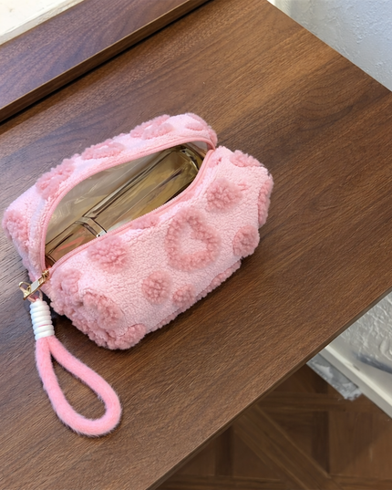 Pink Plush Makeup Bag with Soft Handle, Travel Cosmetic pouch