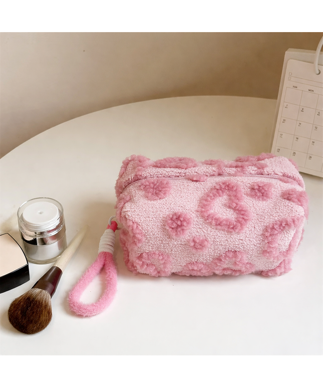 Pink Plush Makeup Bag with Soft Handle, Travel Cosmetic pouch