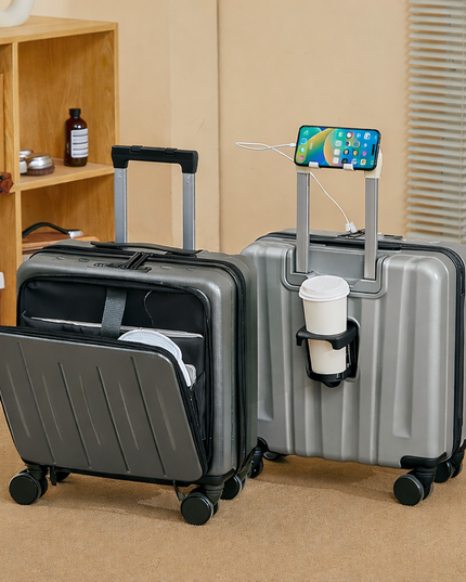 18 inch travel Luggage suitcase with lock mechanism / cup holder / phone holder / USB charging port