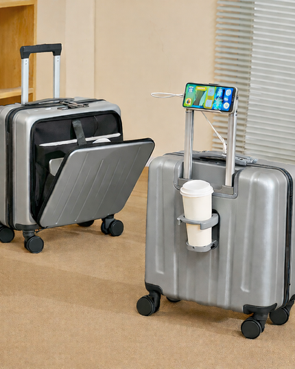 18 inch travel Luggage suitcase with lock mechanism / cup holder / phone holder / USB charging port
