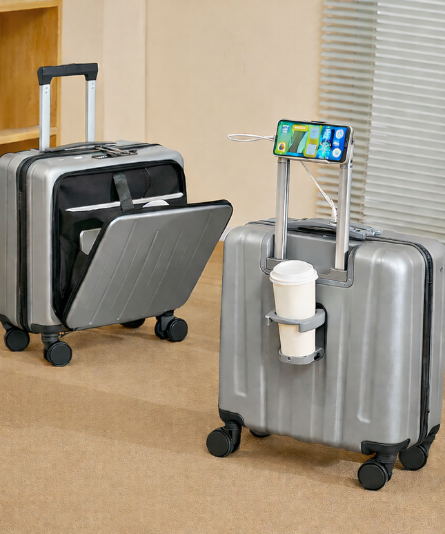 18 inch travel Luggage suitcase with lock mechanism / cup holder / phone holder / USB charging port