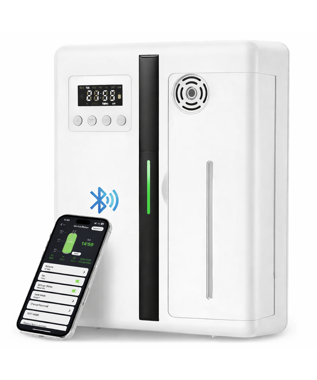Smart wall mountable Bluetooth app controlled Fragrance Diffuser Air Freshener with Coverage 300M³ Room for Essential Oil 