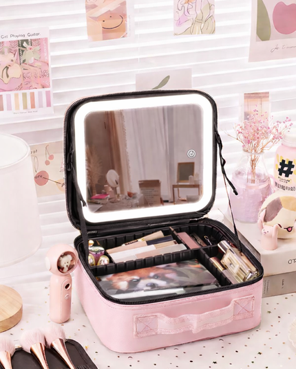 Portable Makeup Organizer Bag with Lighting, Adjustable Dividers, Cosmetics Storage Case 
