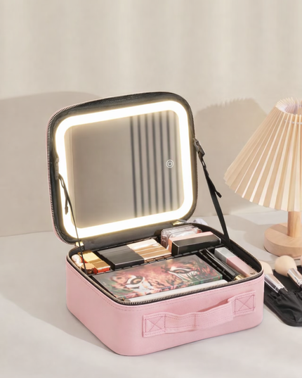 Portable Makeup Organizer Bag with Lighting, Adjustable Dividers, Cosmetics Storage Case 