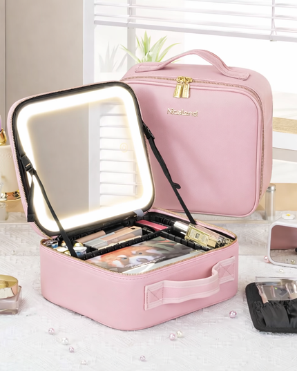 Portable Makeup Organizer Bag with Lighting, Adjustable Dividers, Cosmetics Storage Case 