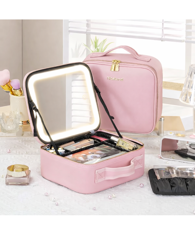 Portable Makeup Organizer Bag with Lighting, Adjustable Dividers, Cosmetics Storage Case 