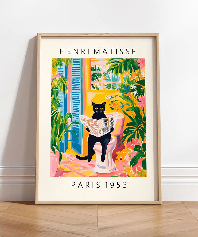 Cat on toilet canvas print matisse style bathroom wall art -no frame