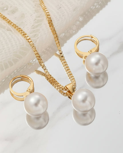 Elegant Pearl imitation Jewelry Set ,Vintage Gold Color Chain Necklace & Earring 