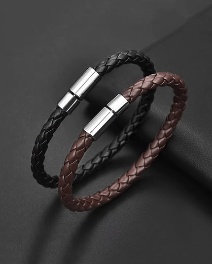 2PCS PU leather Mens's elegant magnetic bracelets set ( Black + Brown )-21cm