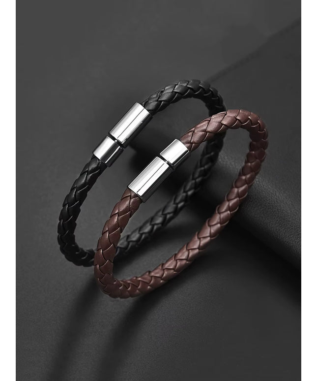 2PCS PU leather Mens's elegant magnetic bracelets set ( Black + Brown )-21cm