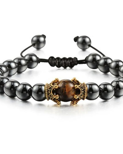 Natural Stone men's Bracelet, Vintage Crown Symbolic Power Hematite Ore Beaded Bracelet