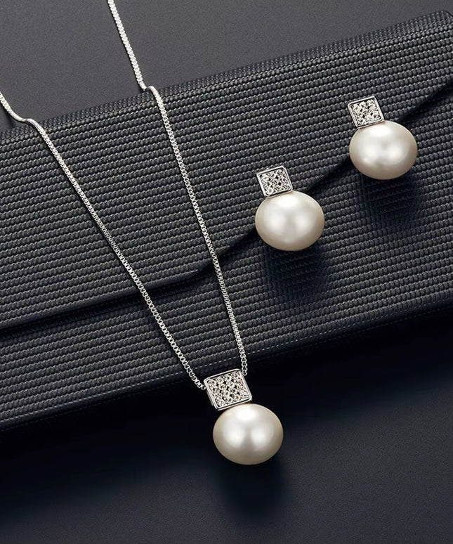 2 PCS imitation Pearl silver necklace and earirng set 