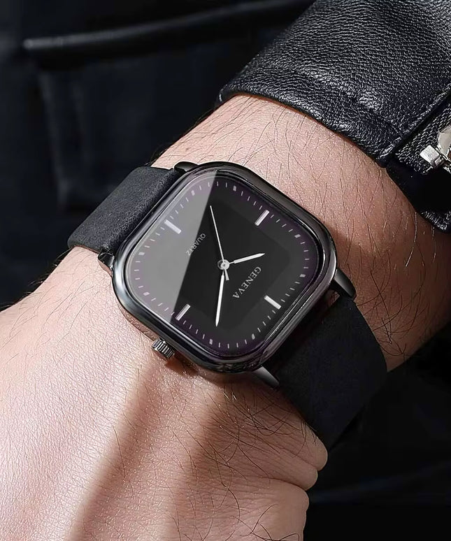 Unique slick Square Minimalist Quartz Movement men's Watch with Casual Leather Strap (Without Box）