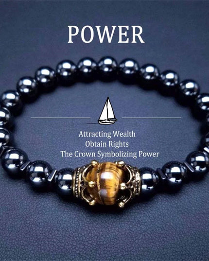 Natural Stone men's Bracelet, Vintage Crown Symbolic Power Hematite Ore Beaded Bracelet