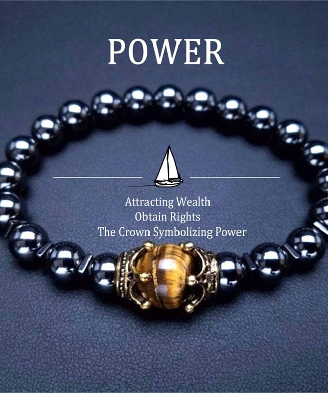 Natural Stone men's Bracelet, Vintage Crown Symbolic Power Hematite Ore Beaded Bracelet