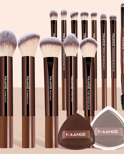 Maange 13Pcs set -Premium Synthetic Hairs Makeup Brushes Soft Gentle for Foundation Eyeshadow Powder with 2Pcs Air Cushion Puffs Kit